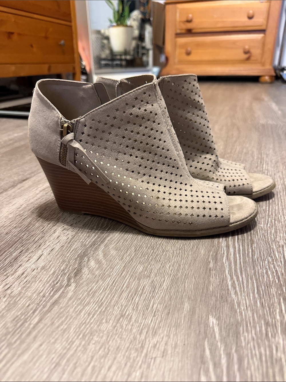 Anne Klein Taupe Perforated Peep-Toe Wedge Booties